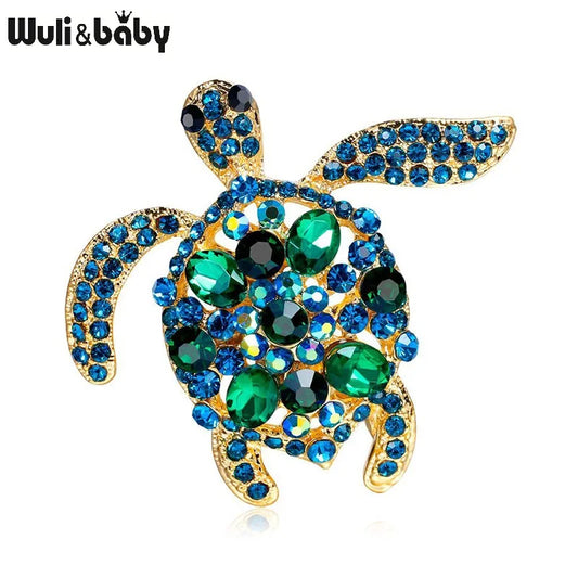 Wuli&baby Green Rhinestone Sea Turtle Animal Brooch Pins For Women Jewelry Gift