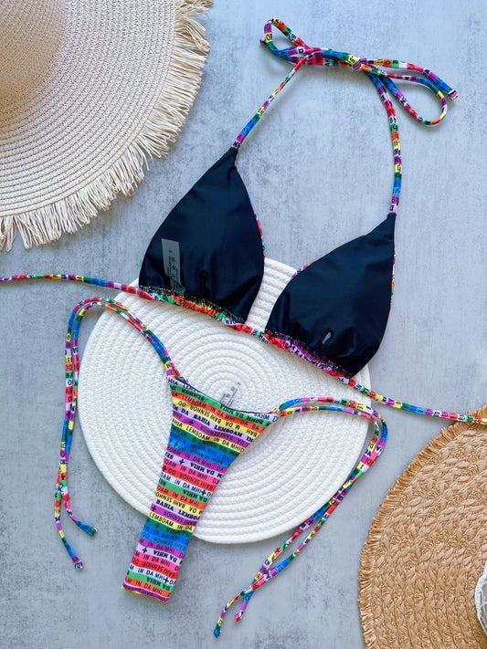RUOTONSEPT Letters Printed Colorful Mini Thong Bikini Women Swimwear Female Swimsuit Two-pieces Bikini set Bather Bathing Suit