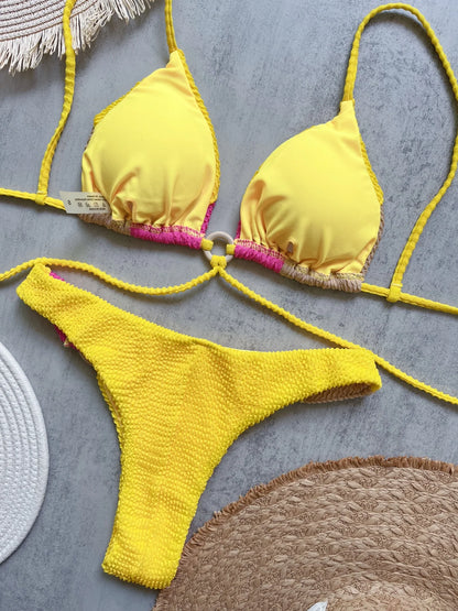 Sexy Neon Green Bikini Set 2025 Tassel Drawstring Side Thong Swimsuit Women Summer Push Up Swimwear Bathing Suit Beach Wear