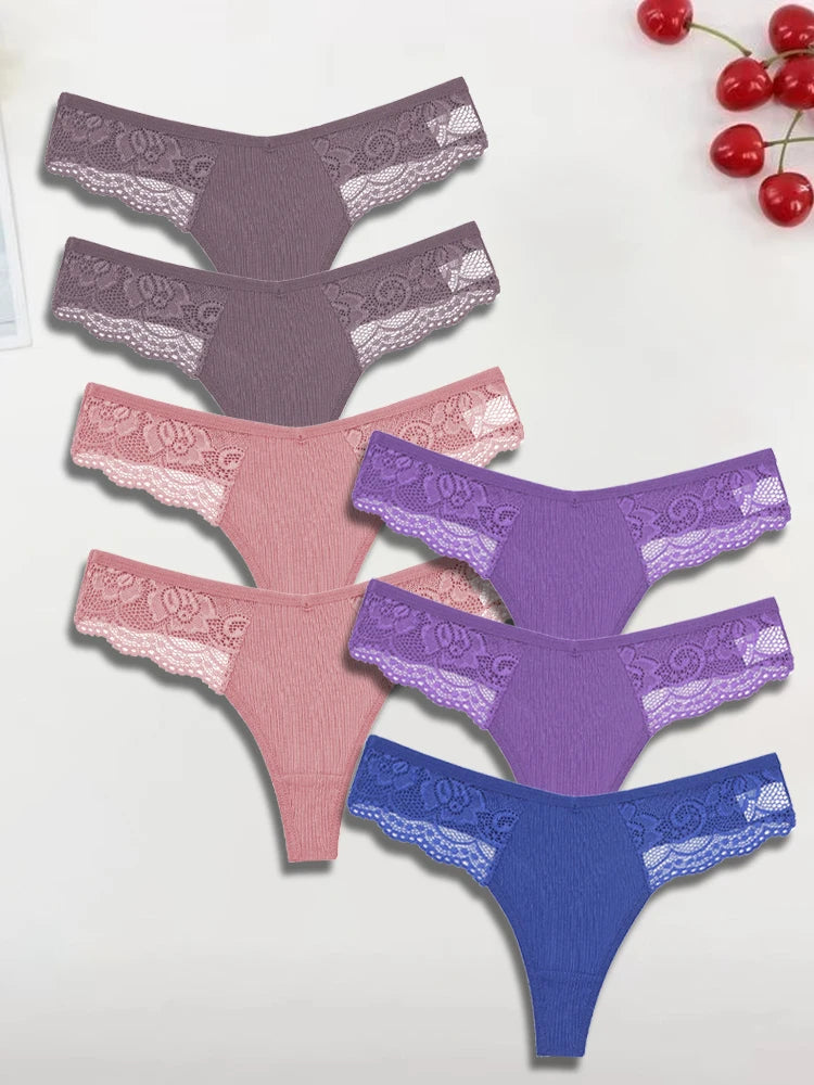 FINETOO 7Pcs Women's Cotton Lace Thongs Sexy Solid Color G-string Low Waist Breathable Bikini Lingerie Female Comfort Panties