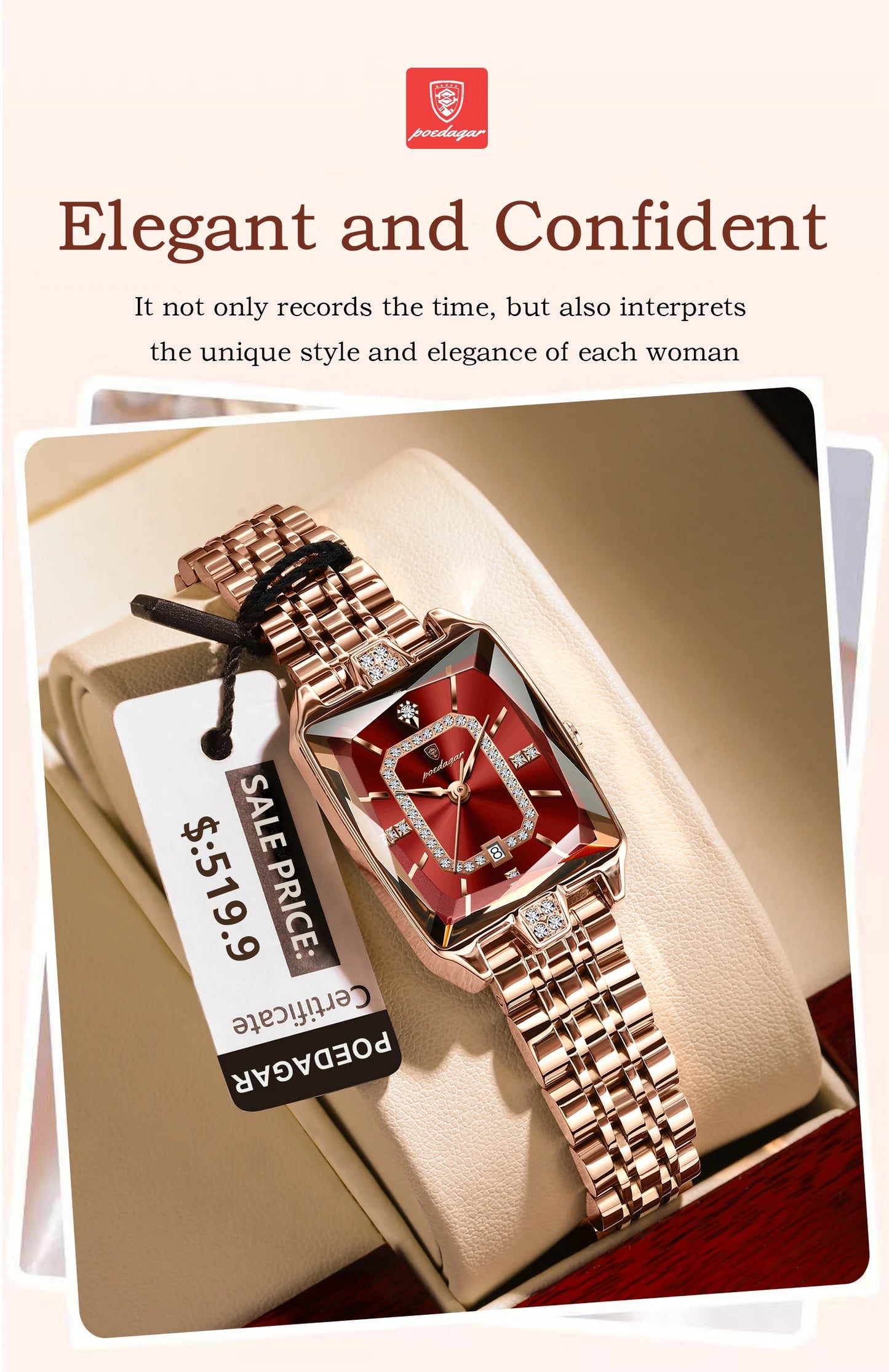 POEDAGAR Luxury Elegant Watch For Woman Date Waterproof Rectangle Ladies Watch Stainless Steel Quartz Women Watches Female Reloj