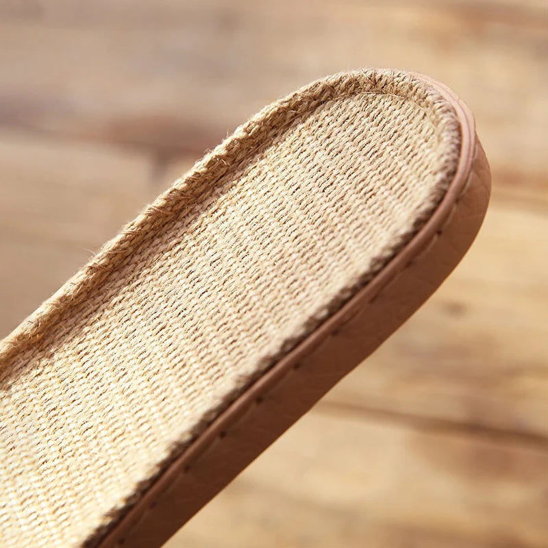 Striped Linen Slippers Women's Men's Grass Weaving Flip Flops Sweat Absorption Sandals Home EVA Light Slides Silent Floor Shoes