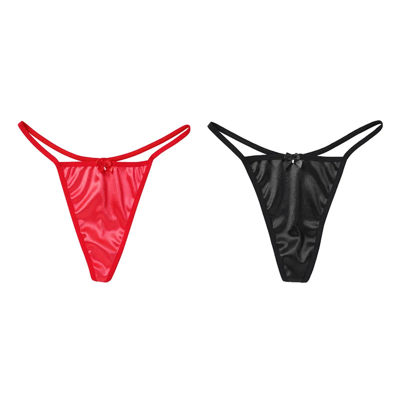 2PCS Women's Thong Satin Sexy Seamless Underwear Female Bow Low Waist One Thread G-string Pure Cotton Crotch T-back