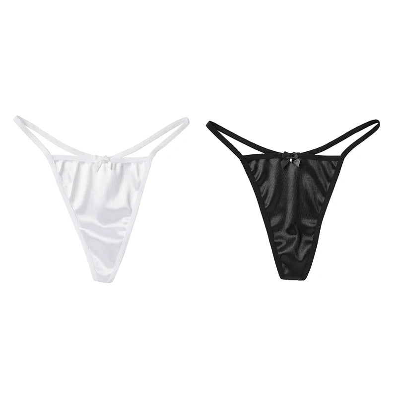 2PCS Women's Thong Satin Sexy Seamless Underwear Female Bow Low Waist One Thread G-string Pure Cotton Crotch T-back