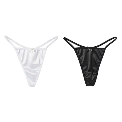 2PCS Women's Thong Satin Sexy Seamless Underwear Female Bow Low Waist One Thread G-string Pure Cotton Crotch T-back