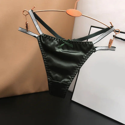1pc Women Sexy Silky Panties Thin Thong Ice Silk Underwear Shiny Belt Double Strap Lace Low-rise Lingerie