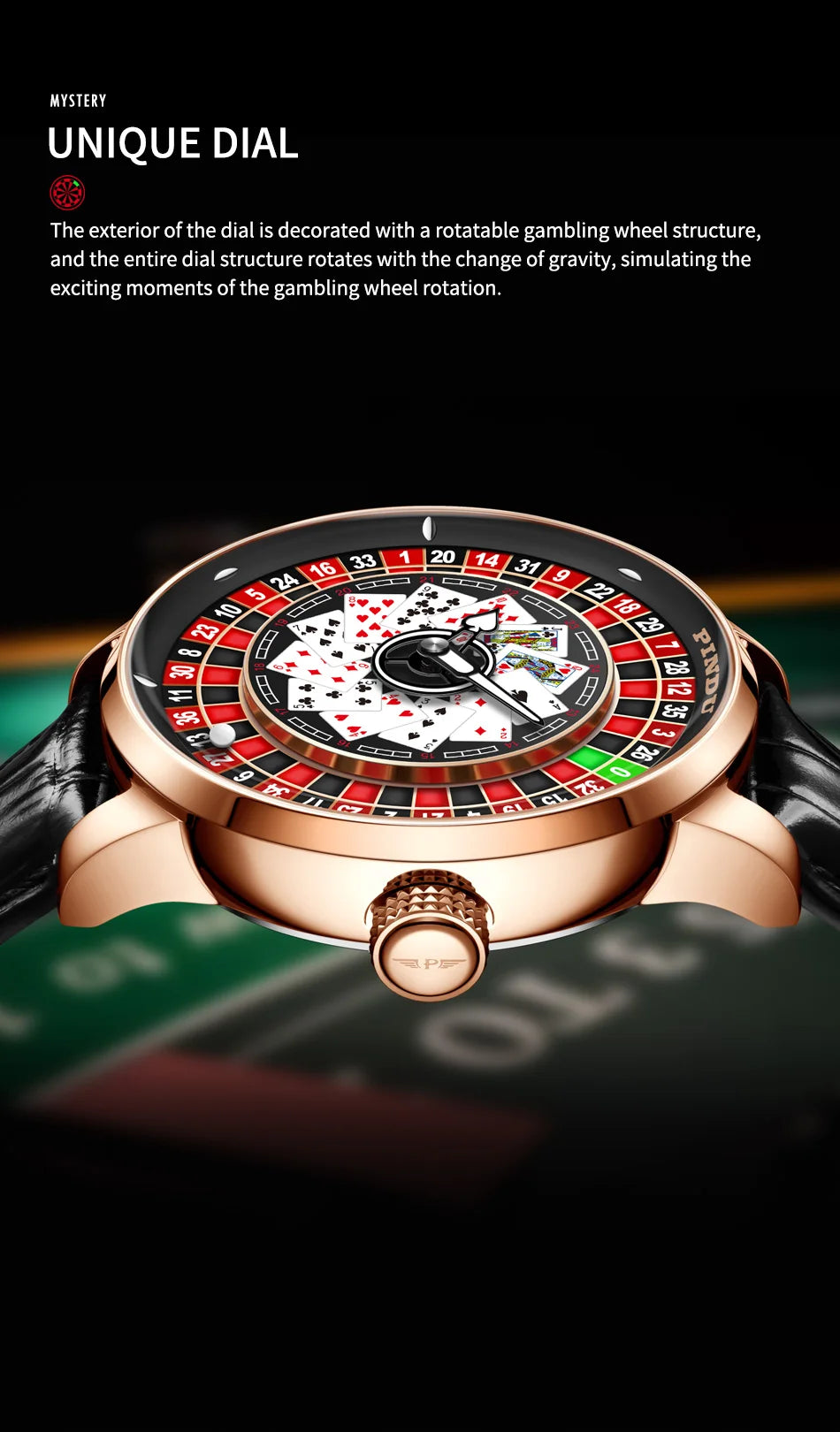 PINDU Designs New NH35A Rotary Roulette Mechanical Watch Men's Diamond Surface Waterproof Leather Men's Watch Montre Homme P6626