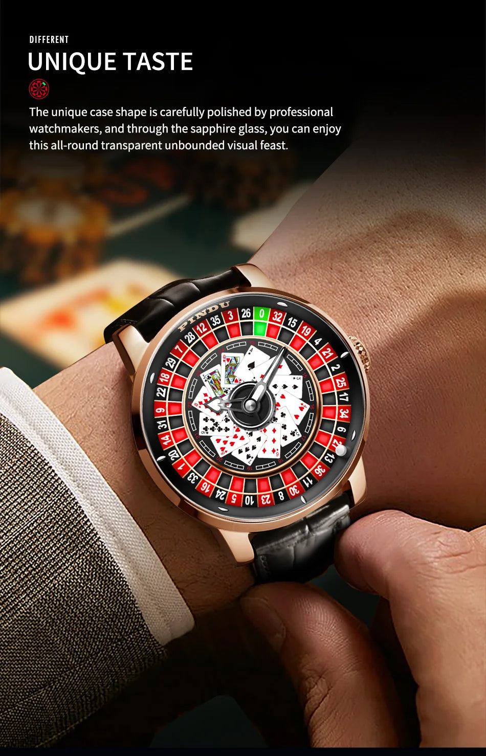 PINDU Designs New NH35A Rotary Roulette Mechanical Watch Men's Diamond Surface Waterproof Leather Men's Watch Montre Homme P6626