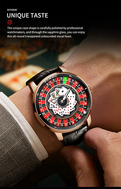 PINDU Designs New NH35A Rotary Roulette Mechanical Watch Men's Diamond Surface Waterproof Leather Men's Watch Montre Homme P6626