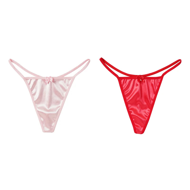 2PCS Women's Thong Satin Sexy Seamless Underwear Female Bow Low Waist One Thread G-string Pure Cotton Crotch T-back