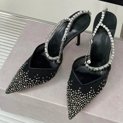 Star style Fashion Rhinestones Ankle Strap Women Pumps Elegant Pointed toe Mesh Slingback Stiletto High heels Office Dress Shoes