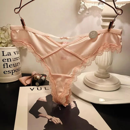 SP&CITY French Satin Sexy Women's Thongs Temptation Lace Embroidery Hollow Out Panties Soft Thin Cotton Crotch Breathable Briefs
