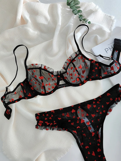 French Lace Minimizer Bra Set - Sexy Push Up Lingerie for Big Bust, Pink Heart-shaped Design | Flattering Support & Girlish Char