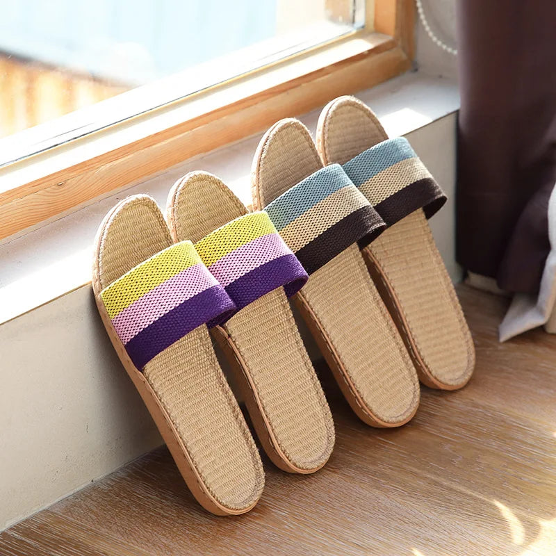 Striped Linen Slippers Women's Men's Grass Weaving Flip Flops Sweat Absorption Sandals Home EVA Light Slides Silent Floor Shoes