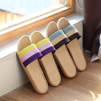 Striped Linen Slippers Women's Men's Grass Weaving Flip Flops Sweat Absorption Sandals Home EVA Light Slides Silent Floor Shoes