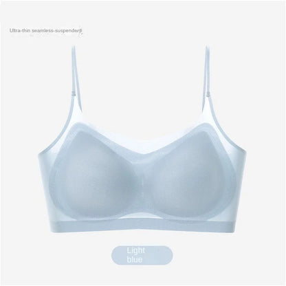 Ultra Thin Ice Silk Seamless Underwear Women Plus Size Sexy Top Soft Breathable Wireless Solid Lingerie Gathered Padded Bra