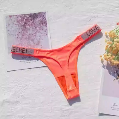 Fashionable ladies lingerie short waist ladies lingerie style, crystal letters comfortable pink thong sexy swimming trousers