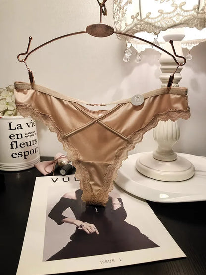 SP&CITY French Satin Sexy Women's Thongs Temptation Lace Embroidery Hollow Out Panties Soft Thin Cotton Crotch Breathable Briefs