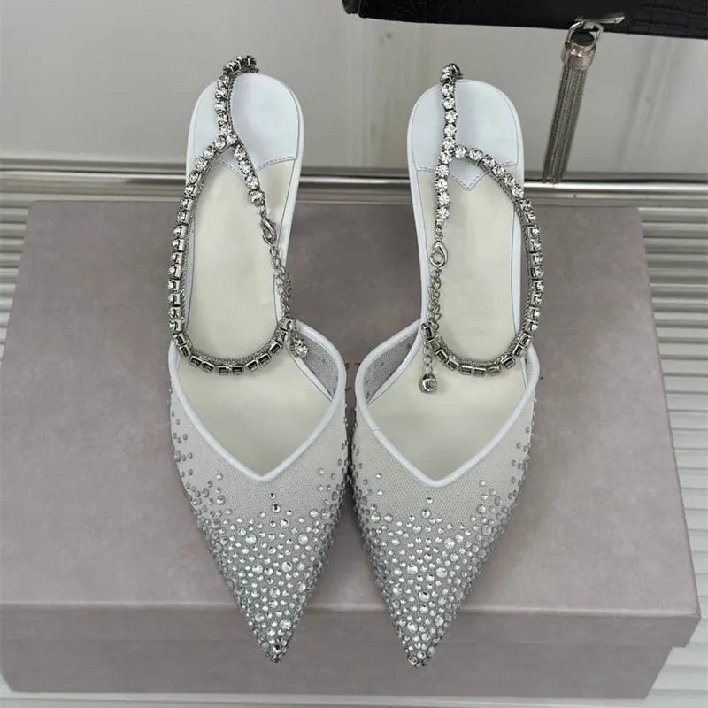 Star style Fashion Rhinestones Ankle Strap Women Pumps Elegant Pointed toe Mesh Slingback Stiletto High heels Office Dress Shoes