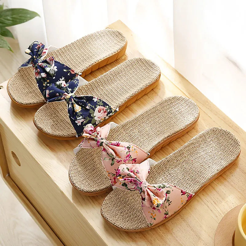 Bow Linen Slipper For Women Summer Indoor Breathable Cool Air-conditioned Shoe Women's Outdoor Non Slip Floral Sandal Flip-flops