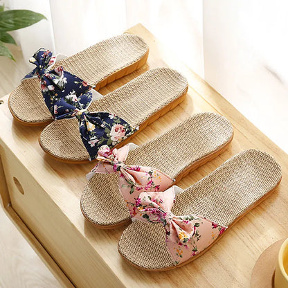 Bow Linen Slipper For Women Summer Indoor Breathable Cool Air-conditioned Shoe Women's Outdoor Non Slip Floral Sandal Flip-flops