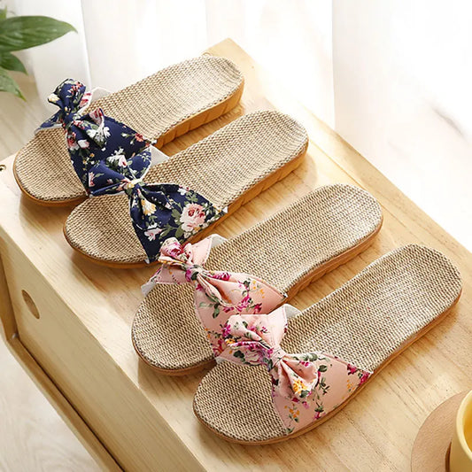 Bow Linen Slipper For Women Summer Indoor Breathable Cool Air-conditioned Shoe Women's Outdoor Non Slip Floral Sandal Flip-flops