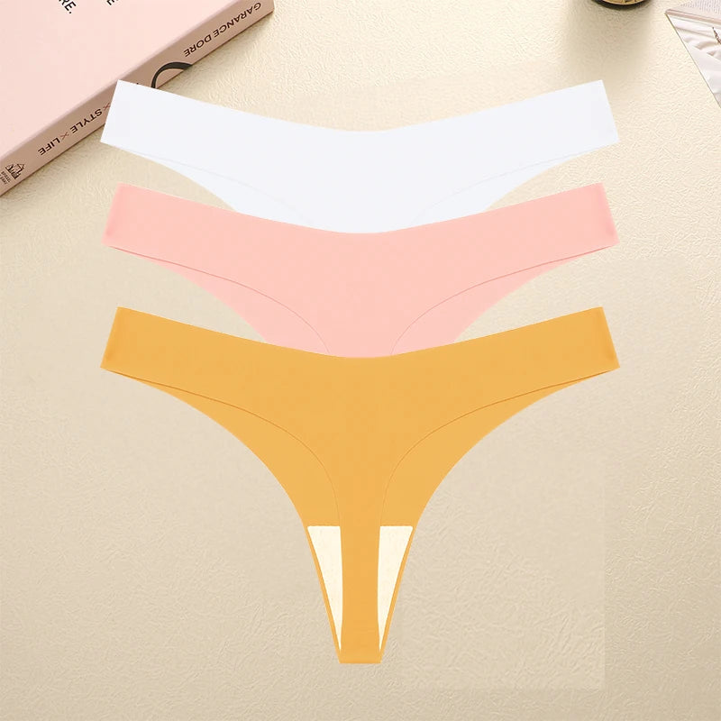 FINETOO 3PCS Seamless Thong Women Ice Silk T-back Intimate Solid Breathable Crotch Briefs Sexy Tanga Multiple 10 Color Lingerie
