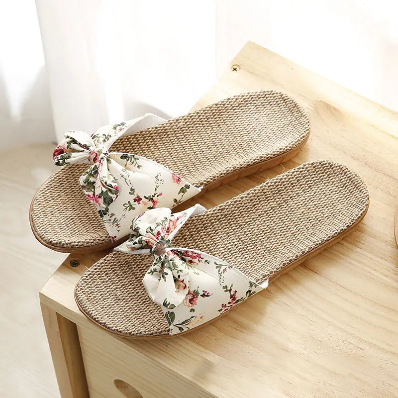 Bow Linen Slipper For Women Summer Indoor Breathable Cool Air-conditioned Shoe Women's Outdoor Non Slip Floral Sandal Flip-flops