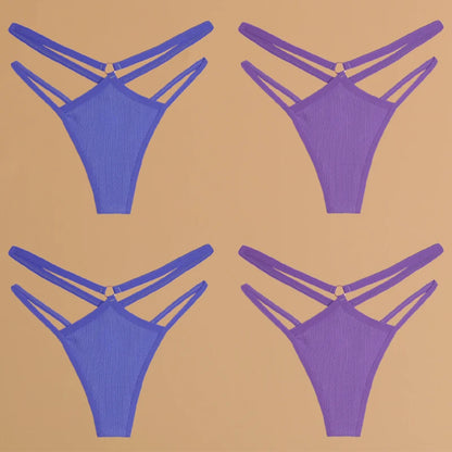 FINETOO 4Pcs Cotton Double Thin Belts Underwear for Women Sexy Low Waist Striped Thongs Ladies Soild Panties Breathable Lingerie