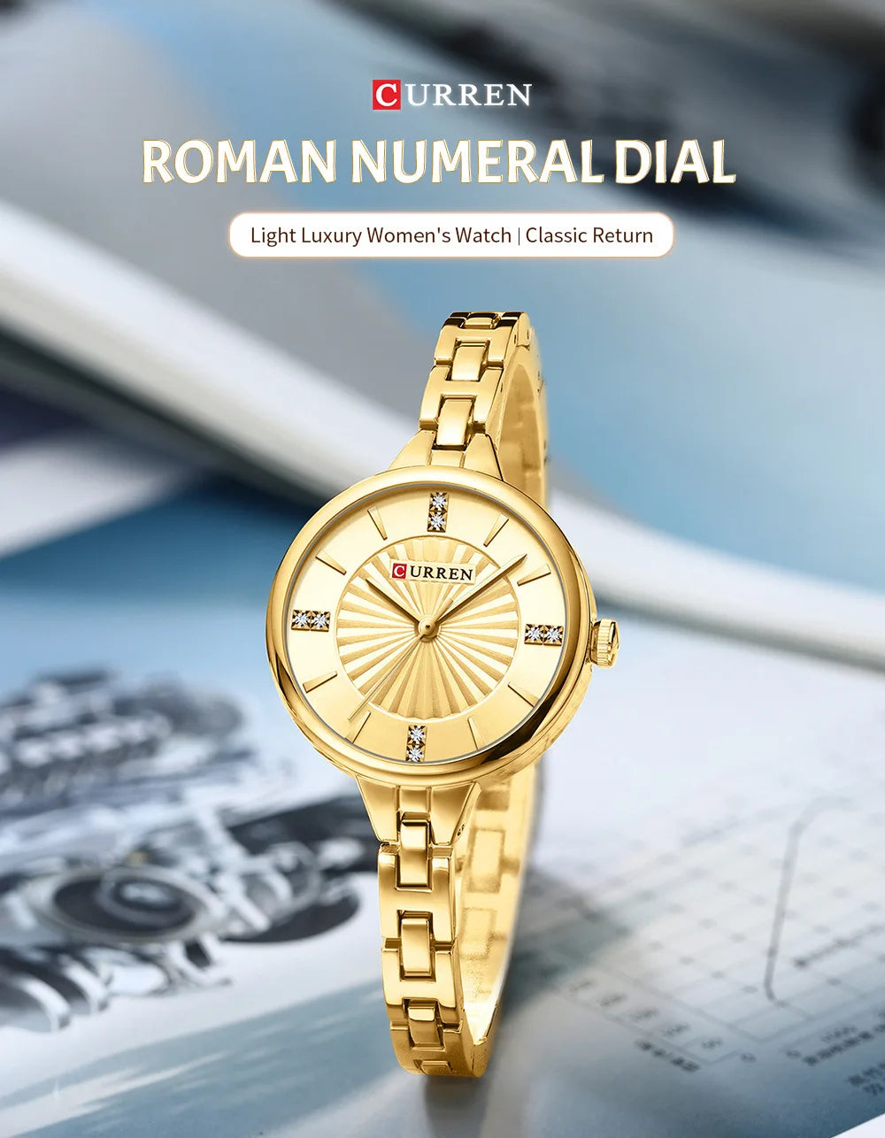 CURREN 9097 Women's Casual Quartz Watch Elegant Simple Design Waterproof Stainless Steel Strap Fashion Business Wristwatch Lady