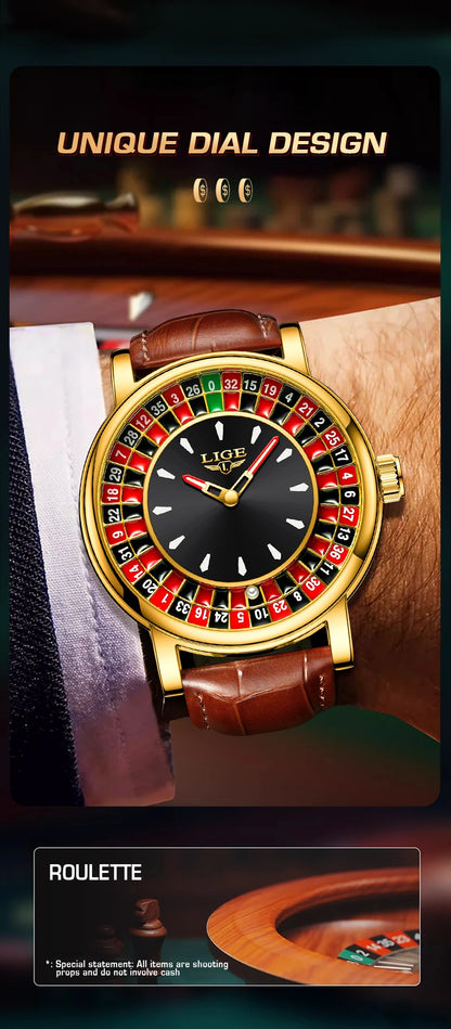 LIGE Quartz Man Watch Fashion Luxury Creative Roulette Game Dial Design Leather Casual Life Waterproof Watches for Men Gifts+Box