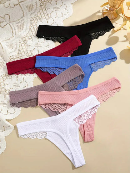 FINETOO 7Pcs Women's Cotton Lace Thongs Sexy Solid Color G-string Low Waist Breathable Bikini Lingerie Female Comfort Panties