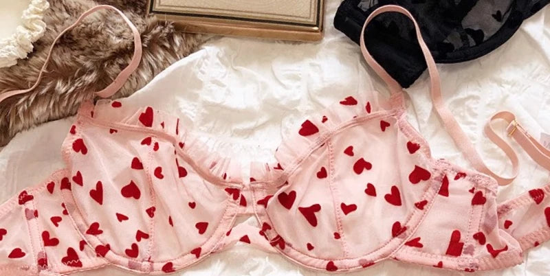 French Lace Minimizer Bra Set - Sexy Push Up Lingerie for Big Bust, Pink Heart-shaped Design | Flattering Support & Girlish Char