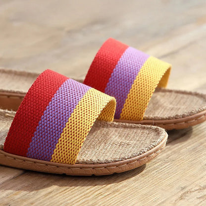 Striped Linen Slippers Women's Men's Grass Weaving Flip Flops Sweat Absorption Sandals Home EVA Light Slides Silent Floor Shoes