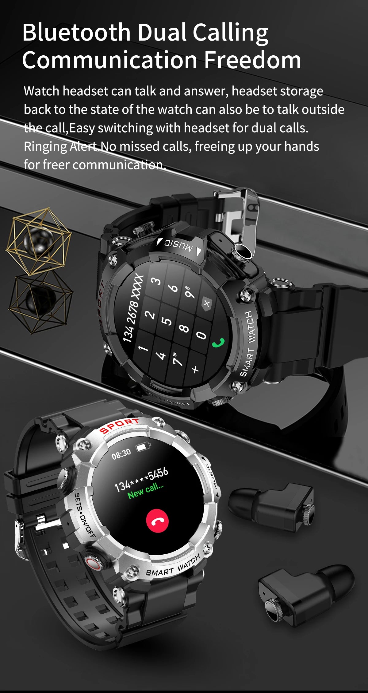 LaNikar Smart Watch AMOLED Display With In-Ear Bluetooth Headset Heart Rate Blood Pressure Oxygen Saturation Monitoring HD Audio