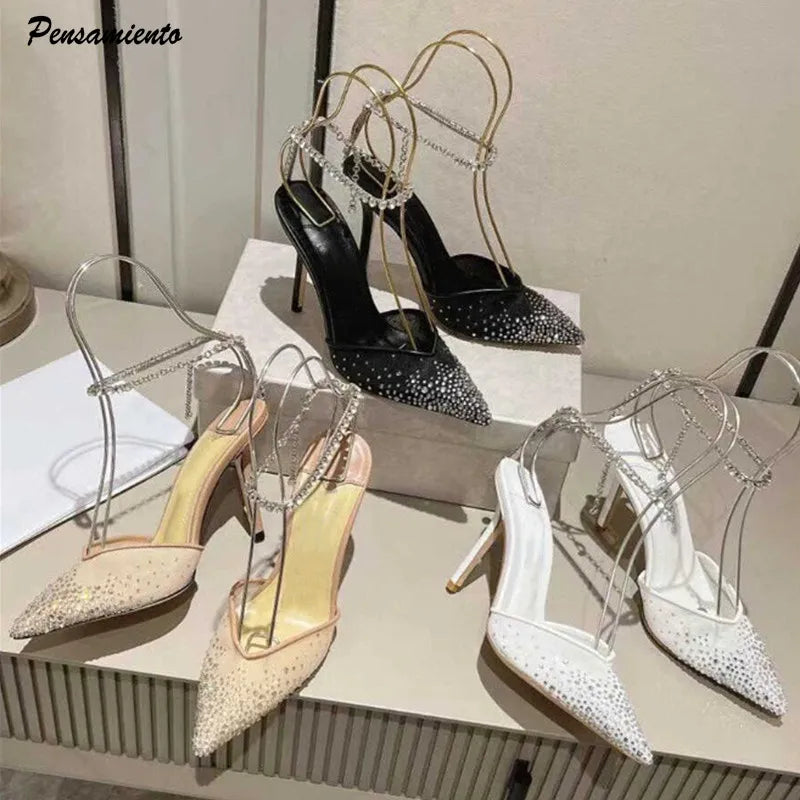 Star style Fashion Rhinestones Ankle Strap Women Pumps Elegant Pointed toe Mesh Slingback Stiletto High heels Office Dress Shoes