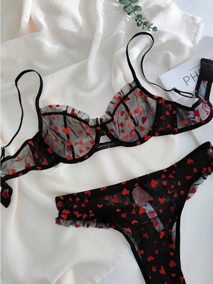 French Lace Minimizer Bra Set - Sexy Push Up Lingerie for Big Bust, Pink Heart-shaped Design | Flattering Support & Girlish Char