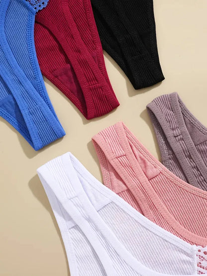 FINETOO 7Pcs Women's Cotton Lace Thongs Sexy Solid Color G-string Low Waist Breathable Bikini Lingerie Female Comfort Panties