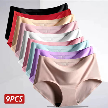 9 Pcs Seamless Ice Silk Panties for Women Breathable Soft Comfort, Solid Color Teen Girls Panty, One-Piece Design