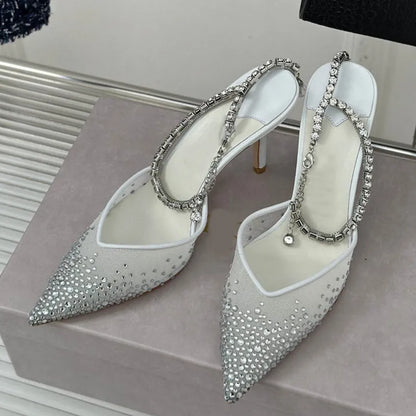 Star style Fashion Rhinestones Ankle Strap Women Pumps Elegant Pointed toe Mesh Slingback Stiletto High heels Office Dress Shoes