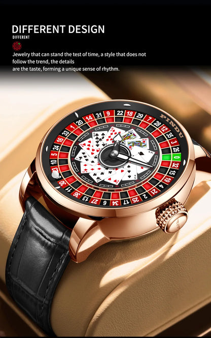 PINDU Designs New NH35A Rotary Roulette Mechanical Watch Men's Diamond Surface Waterproof Leather Men's Watch Montre Homme P6626