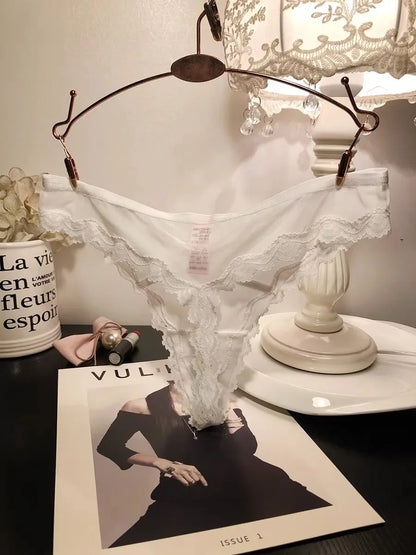SP&CITY French Satin Sexy Women's Thongs Temptation Lace Embroidery Hollow Out Panties Soft Thin Cotton Crotch Breathable Briefs