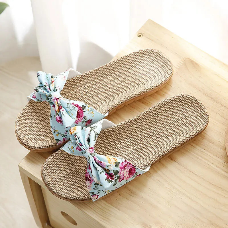Bow Linen Slipper For Women Summer Indoor Breathable Cool Air-conditioned Shoe Women's Outdoor Non Slip Floral Sandal Flip-flops