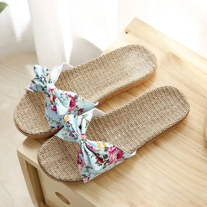 Bow Linen Slipper For Women Summer Indoor Breathable Cool Air-conditioned Shoe Women's Outdoor Non Slip Floral Sandal Flip-flops