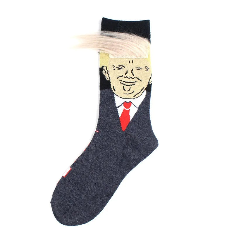 Funny Presidential Socks With 3D Fake Hair Round Neck Socks
