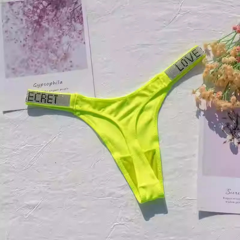 Fashionable ladies lingerie short waist ladies lingerie style, crystal letters comfortable pink thong sexy swimming trousers