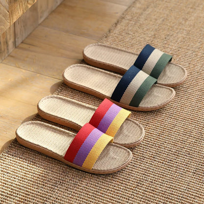 Striped Linen Slippers Women's Men's Grass Weaving Flip Flops Sweat Absorption Sandals Home EVA Light Slides Silent Floor Shoes