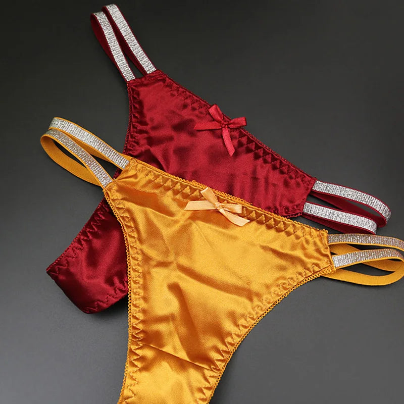1pc Women Sexy Silky Panties Thin Thong Ice Silk Underwear Shiny Belt Double Strap Lace Low-rise Lingerie