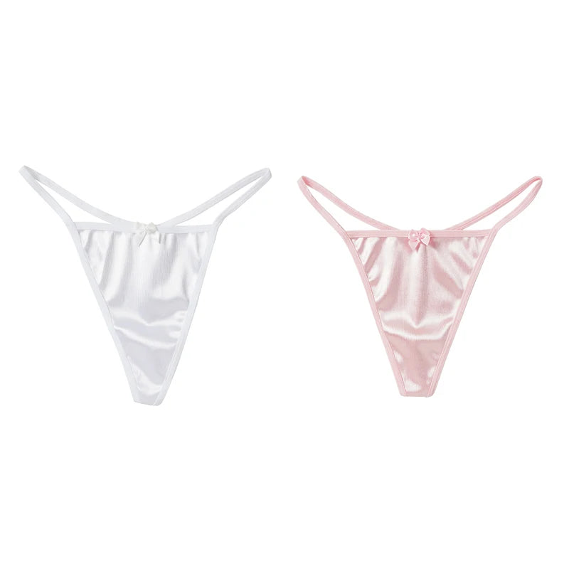 2PCS Women's Thong Satin Sexy Seamless Underwear Female Bow Low Waist One Thread G-string Pure Cotton Crotch T-back