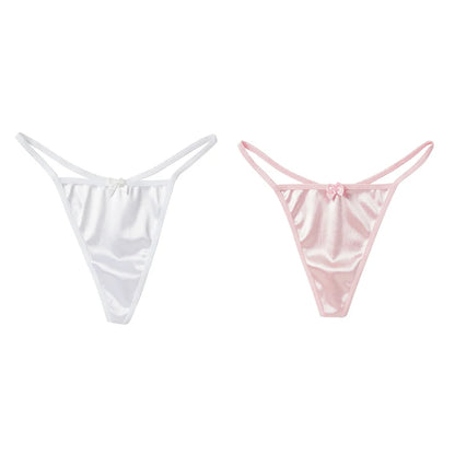 2PCS Women's Thong Satin Sexy Seamless Underwear Female Bow Low Waist One Thread G-string Pure Cotton Crotch T-back
